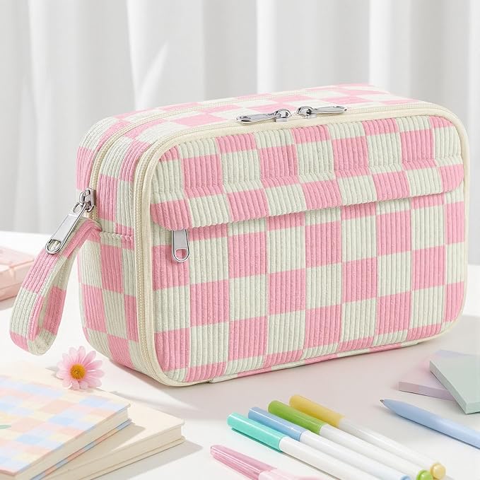 Large Pencil Pouch for Girls,Cute Corduroy Pencil Case Pouch Aesthetic Soft Pencil Bag for School, Zippered Pencil Organizer School Supplies for Teen Girls Women Gift (Pink Check)