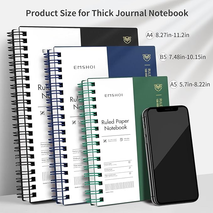 EMSHOI A4 College Ruled Spiral Notebook, Large 8.27"x11.2", Thick 300 Pages/150 Sheets, 100GSM Ink-Proof Waterproof PVC Cover Lay-Flat Lined Journal for Work Office School Writing, Black