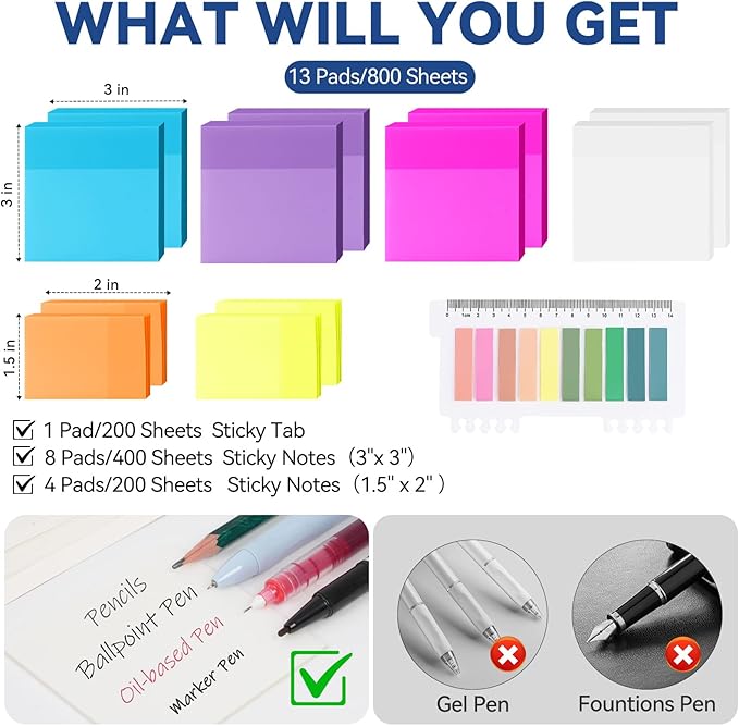 800 Sheets Transparent Sticky Notes with Index Tab, Waterproof & Crystal Clear Sticky Notes Sets, See-Through PET Sticky Note, 5X The Sticking Power Translucent Sticky Note Pad,13 Packs