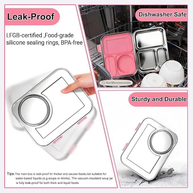 Stainless Steel Bento Lunch Box-8+ Older Kids，Teens ＆ Adult with Insulated Food Jar,Leakproof 3-Compartment,BPA-Free, Eco-Friendly,Dishwasher Safe, Large-Capacity Box, School,Office,Travel （Pink)