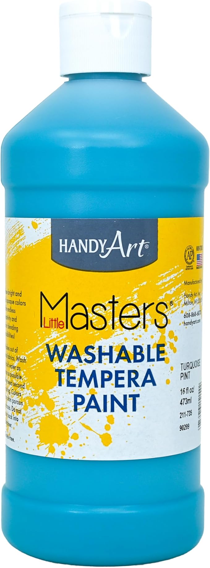 Handy Art Little Masters Washable Tempera Paint, Turquoise, 16 oz Bottle, Bright & Mixable, High Opacity, Washable Colors for Classroom, Students, Kids, Young Artists, Safe & Non-Toxic, Made in USA