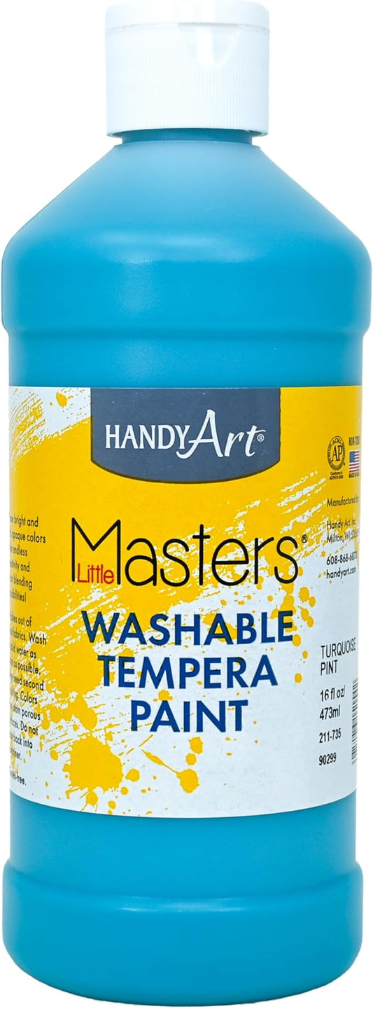 Handy Art Little Masters Washable Tempera Paint, Turquoise, 16 oz Bottle, Bright & Mixable, High Opacity, Washable Colors for Classroom, Students, Kids, Young Artists, Safe & Non-Toxic, Made in USA