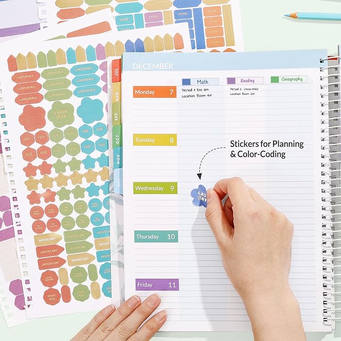 SUNEE Deluxe Teacher Planner 2026-2027, Lesson Planner Book with 7 Periods Jul 2026 - Jun 2027, 8.5" x 11" Weekly and Monthly Organizers with Colorful Tabs, Planning Stickers,120gms Paper, Full Leaf