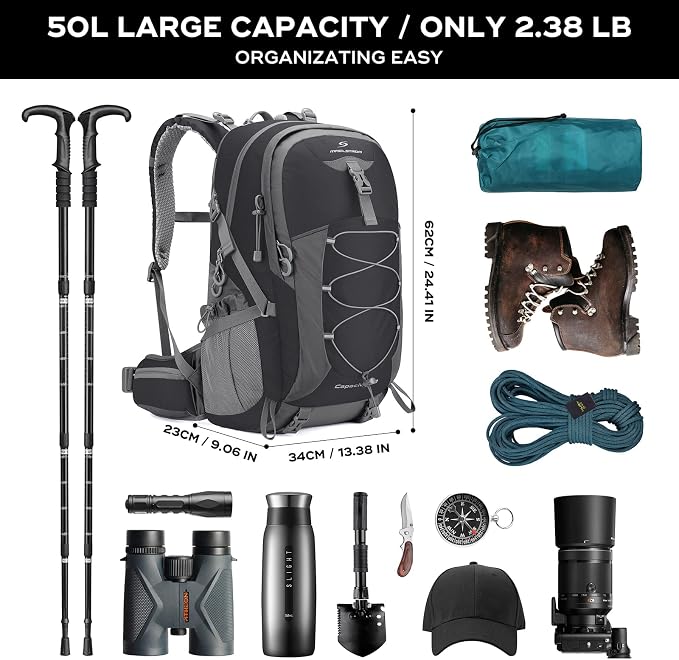Maelstrom 50L Hiking Backpack, Lightweight Camping Daypack with Rain Cover | Water-Resistant Rip-Stop Nylon, Wet/Dry Separation, Multi-Pockets, Survival Whistle. Ideal For Men, Women, Travel, Trekking