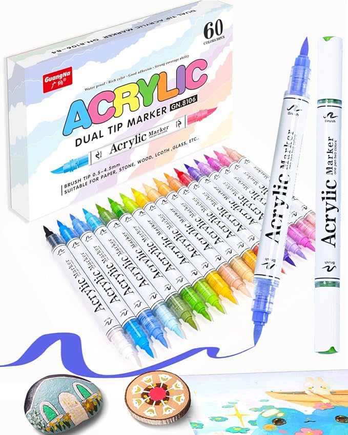 60 Colors Dual Tip Acrylic Paint Markers, 30 Pcs 2 Colors in 1 with Soft Brush Tips & Double Ink Capacity, Paint Markers for Rocks, Canvas, Wood, Fabric, Glass, Plastic, Quick-Drying, Waterproof
