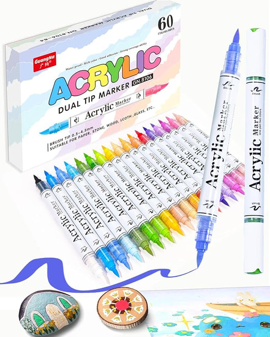 60 Colors Dual Tip Acrylic Paint Markers, 30 Pcs 2 Colors in 1 with Soft Brush Tips & Double Ink Capacity, Paint Markers for Rocks, Canvas, Wood, Fabric, Glass, Plastic, Quick-Drying, Waterproof