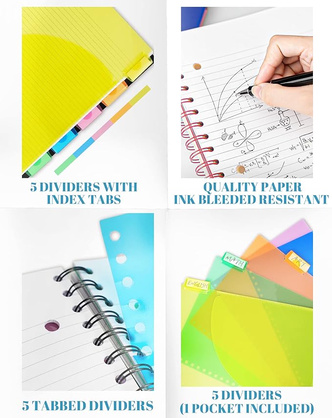 Spiral Notebook - 5 Subject Notebook, College Ruled Notebook 3-Hole Punched With Dividers, Storage Pockets, 11" Ruler, 100 Sheets of 200 Pages, for Writing Journal, Home &Office, School