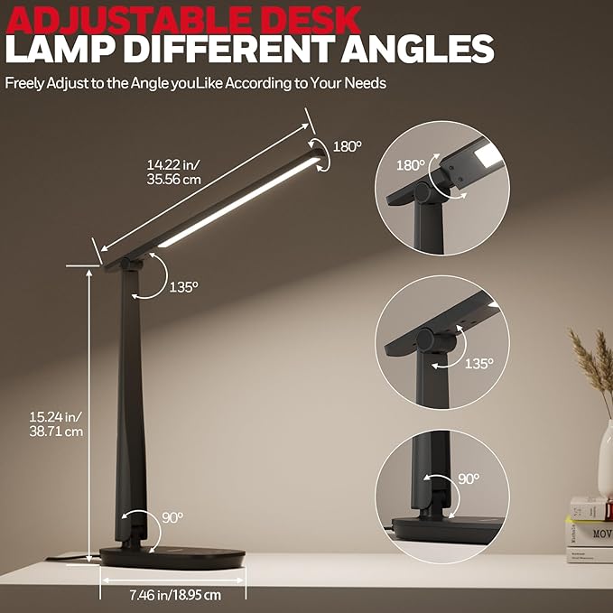 Honeywell LED Desk Lamp for Home Office, Eye-Caring Dimmable Reading Light with 4 Color Modes, Touch Control, USB-A & USB-C Charging Ports, Adjustable Head, Timer for Bedroom & Small Desks