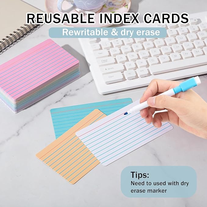 Harloon 100 Pcs Dry Erase Index Cards 3 x 5 Inch Laminated Reusable Dry Erase Note Cards Sheets for Office Home Housework to Do List (Ruled Candy Color)