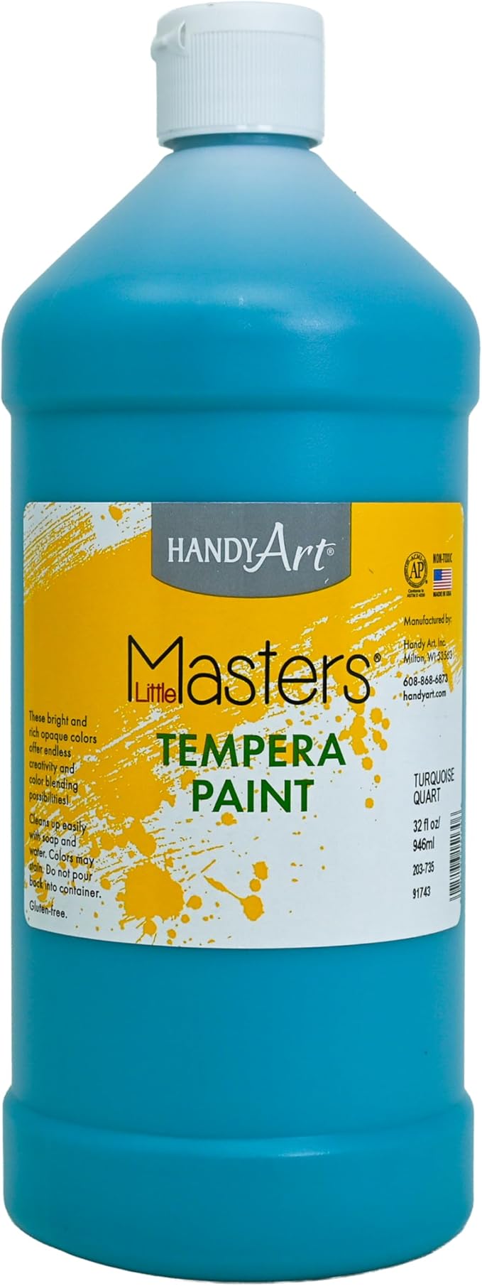 Handy Art Little Masters Tempera Paint, Turquoise, 32 oz Bottle, Bright & Mixable, High Opacity, Washable Colors for Classroom, Students, Kids, Young Artists, Safe & Non-Toxic, Made in USA
