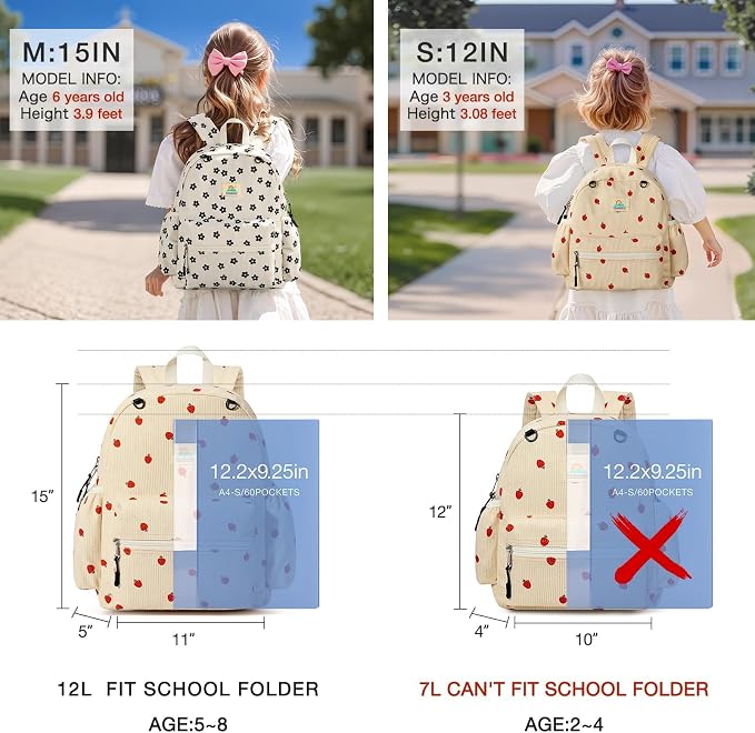 STEAMEDBUN Corduroy Toddler Backpack for Girls 2-4: Kids backpack for Boys Girls - 12 inch Preschool Kindergarten Backpacks - Daisy