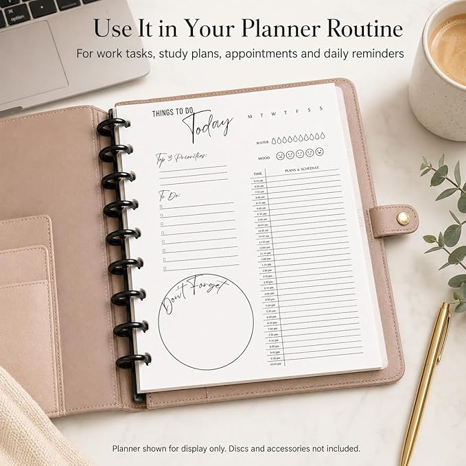 Classic 9-Disc Daily Planner Inserts, Discbound Undated Planner Refill Pages with To Do List, Hourly Schedule & Reminders, 100 Double-Sided Sheets, 100gsm White Paper, 7 x 9.25 in