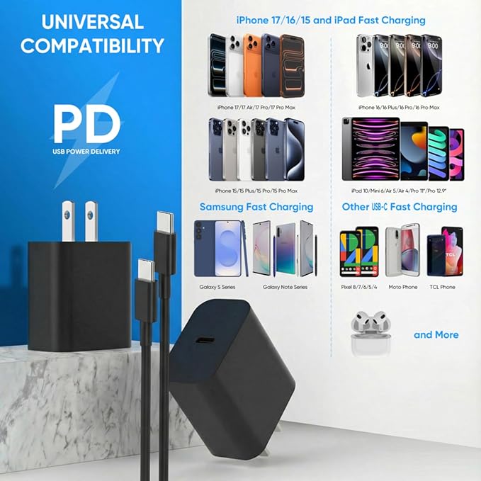 iPhone 17 16 15 Charger Fast Charging 6FT+10FT Cable, 20W USB C Charger, USBC Wall Charger for i Phone 17 Air 16 16e/16 Pro/16 Pro Max/15/15 Plus/15 Pro/15 Pro Max,i Phone iPad Pro/Mini (Black)