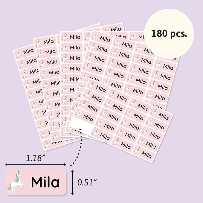 Personalized Name Labels for Kids (180) – Custom Waterproof & Durable Stickers for Clothing, Daycare, Office & School Supplies - Unicorns