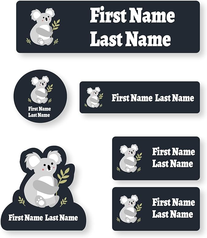 Personalized Kids Name Labels – Waterproof Custom Stickers for Daycare & School, Dishwasher & Laundry Safe (Koala - Black)