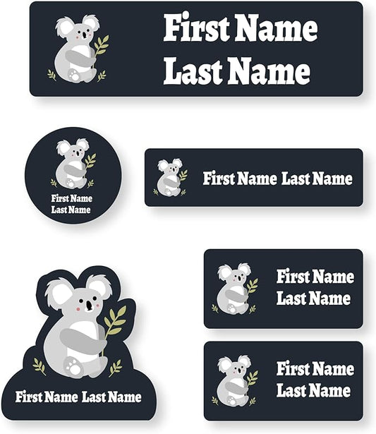 Personalized Kids Name Labels – Waterproof Custom Stickers for Daycare & School, Dishwasher & Laundry Safe (Koala - Black)