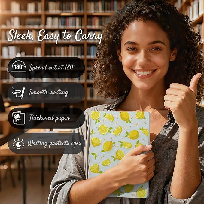 Stitched Composition Notebooks 2-Pack with Unique Art Designed Cover, A5 Lined Diary (8.2"L*5.5"W), Lay Flat Design, Thicked Paper Writes Smoothly for School and Office (Lemon)