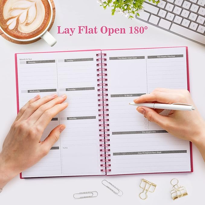 Planner, Asten Undated Weekly Planner Goal Planner Notebook, To Do List Planners Spiral Planner for Men and Women,PVC Hardcover,Elastic Closure, Inner Pocket 8.3" x 5.8" (Pink)