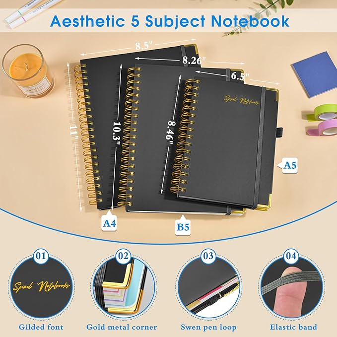 Hardcover Spiral Notebooks for Work, 5 Subject Notebook College Ruled with Dividers Tabs, Lined Organizer Notebook Journal for women, 8"x10" Large B5 Notebooks for School Note taking, 240 Pages Black