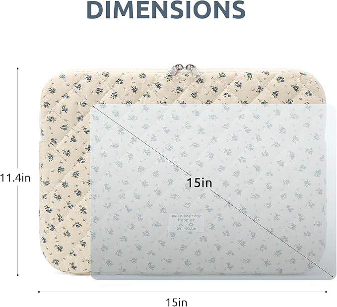 Puffy Laptop Sleeve 15-15.6 Inch Cute Quilted Laptop Protective Case Padded Floral Computer Sleeve for MacBook (A-Blue, 15 Inch)