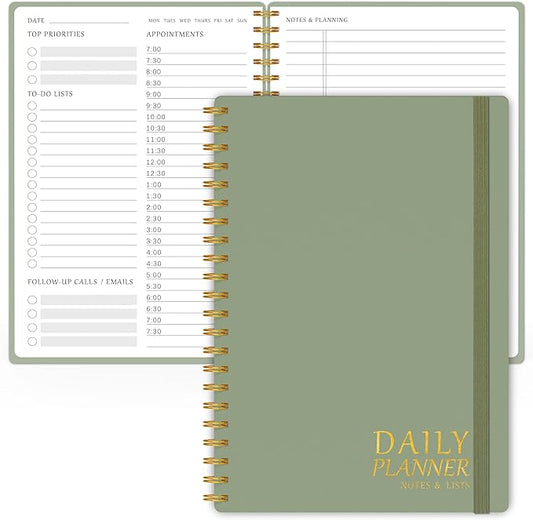 Daily Planner Undated - Simplified To Do List Notebook with Hourly Schedules, Spiral Appointment Organizer, 5.5" x 8.5", Easily Manage Your Tasks and Productivity - Green