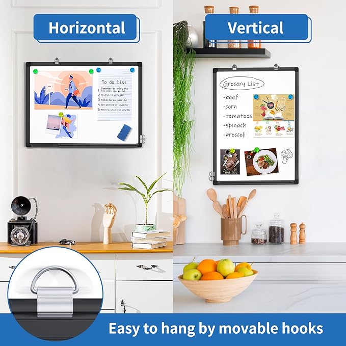 White Board Dry Erase, 24 x 18 inch Magnetic Dry Erase Board Whiteboard for Wall, Black Aluminum Frame Hanging Whiteboard Marker Board Writing Board for Home Classroom Office