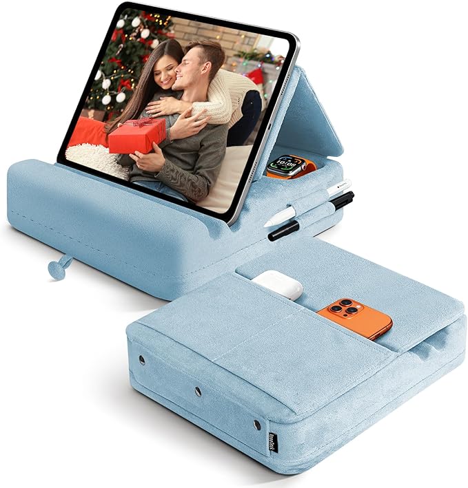 Tablet Pillow Stand with Storage, Foldable iPad Holder for Lep, Bed, Sofa, and Desk - Soft Pad Dock with Pocket and Stylus Mount Compatible with 4-13" iPad Pro/Air/Mini, Galaxy Tab, Kindle