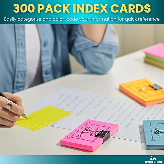 1InTheOffice Ruled Neon Index Cards 3x5, Ruled Index Cards, Assorted Neon Color, 300 Pack