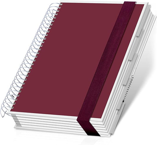 Yoment 5 Subject Notebook College Ruled, 300 Pages Spiral Notebook with Removable Divider Tabs，Hardcover 8 x 10 Inches College Ruled Journal 1 Inner Pocket for School College Work Office Home,Red