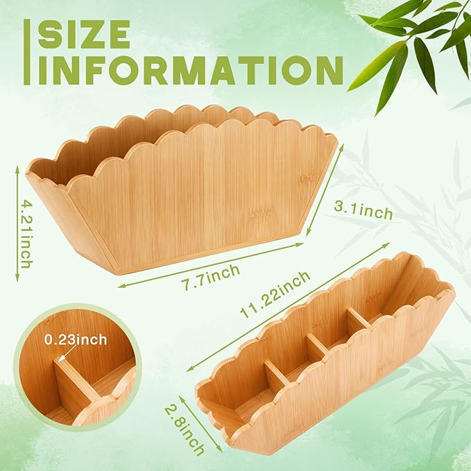 Jetec Scalloped Bamboo Wooden Pencil Holder, Desk Holder with 4 Slots for Desk Organizer Makeup Brushes Pens and Remote Storage Organizer for Office Bathroom