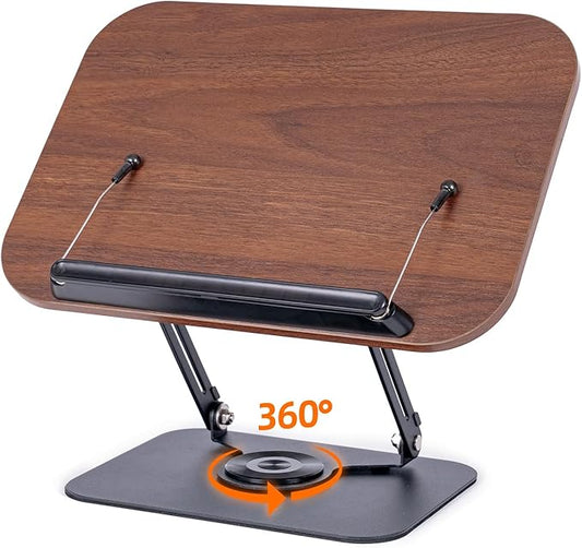 Book Stand for Reading, Adjustable Book Holder with 360° Rotating Base & Elastic Page Clips, Foldable Cookbook Stand for Office, Kitchen, School Textbook, Recipe, Magazine,Tablet