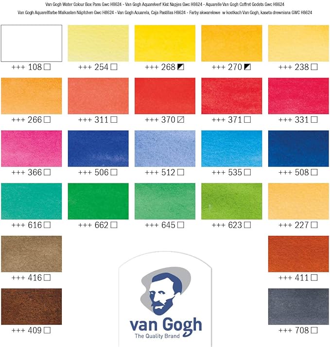 Van Gogh Watercolor Paint Set, Wood Box, 24-Half Pan + 3 Accessories