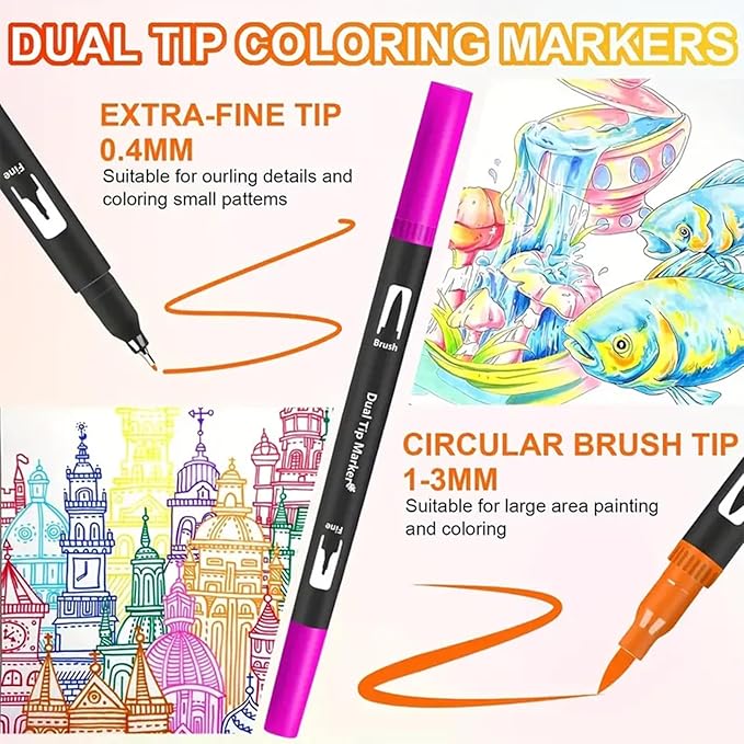 Dual Brush Markers Pens, 168 Colors Dual Tip(Fineliner & Brush) Art Markers, Artist Coloring Marker Set for Adult Coloring Books No Bleeding