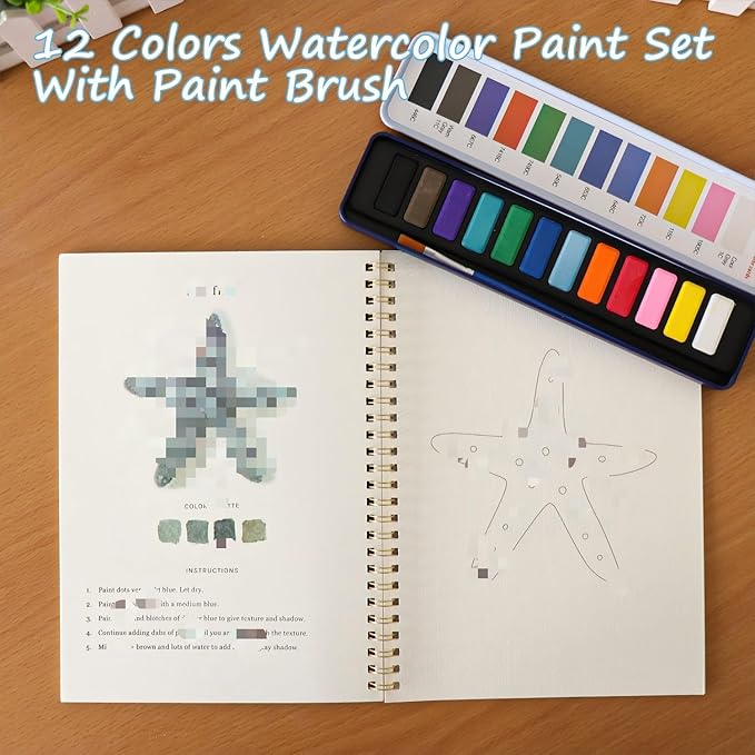XZGTAND Watercolor Workbook, Water Coloring Book, 12 Different Patterns of Original DIY Designs, 12 Colors Watercolor Paint Set with Palette and Brush, Beginner-Friendly Watercolor Workbooks（Seaside）