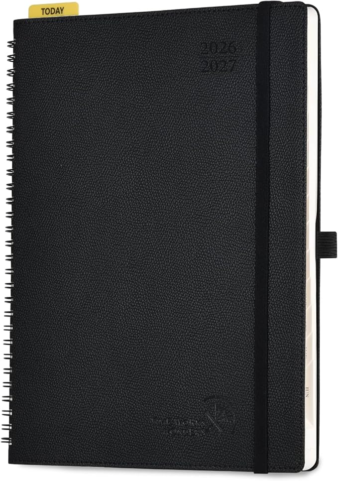 POPRUN 2026-2027 Academic Weekly Planner, Large 8.5" x 10.5" Horizontal Layout Calendar Agenda from July 2026 to June 2027, Softcover Appionment Book with Monthly Tabs, Spiral Bound, Inner-Pocket - Black