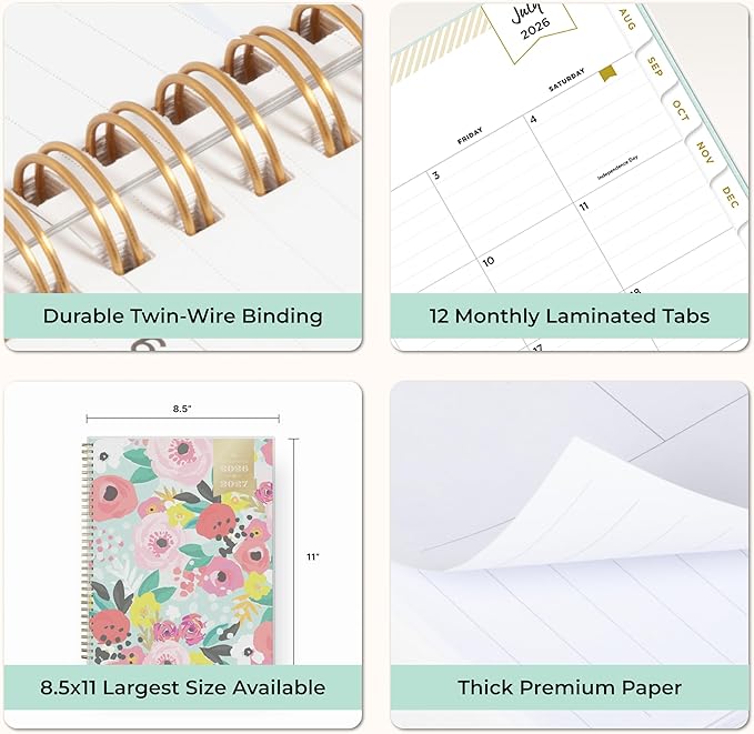 Blue Sky Day Designer 2026-2027 Weekly and Monthly Academic Year Planner Calendar, July 2026 - June 2027, 8.5" x 11", Flexible Cover, Laminated Tabs, Storage Pocket, Includes Stickers, Secret Garden Mint