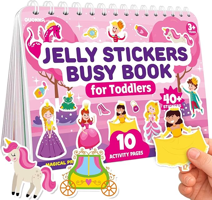 QUOKKA Jelly Sticker Books for Toddlers 1-3, 10 Fairy Tale Themes Unicorn Princess Mermaid, 40+ Large Thick Reusable Stickers, Waterproof Washable Toddler Activity Busy Book, Travel Toy