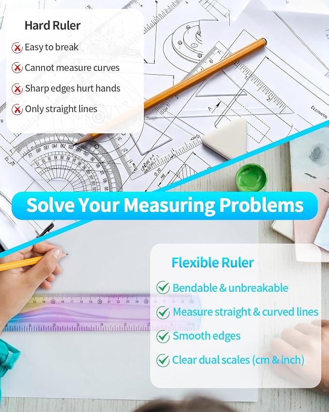 2 Pcs 12 Inch Flexible Ruler, Bendable Plastic Ruler, Gradient-Colored Flexible Rulers with Centimeters and Inches for Students, School, Classroom and Office Use