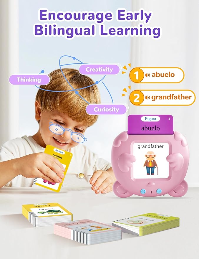 Spanish & English Talking Flash Cards for Toddlers, 510 Sight Words Bilingual Pink Educational Toys for Girls, Autism Sensory Speech Therapy Toys, Española Pocket Vocabulary Learning for Kids