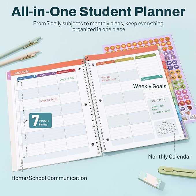 Student Planner 2026-2027, SUNEE Middle or High School Student Planner for Academic Year Jul. 2026 - Jun. 2027, 8.5"×11" Lesson Plan Book with 3-Hole Punched, Bookmark, Planning Stickers, Aurora Sky
