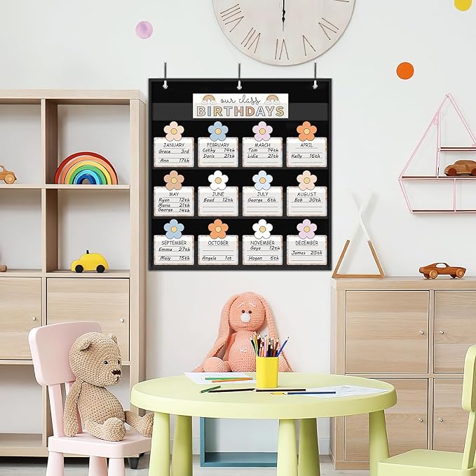 FYSUIMU Birthday Pocket Chart Pastel Boho Flower Month Cards Colorful Birthday Chart Calendars for Classroom Bulletin Board Chalkboard Wall Display