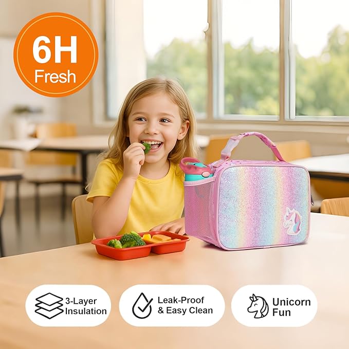 Bagseri Kids Lunch Bag Girls - Thermal Insulated Lunch Box Tote with Water Bottle Holder, Reusable Leak-Proof Kids Lunch Box for Daycare & School, Glitter Pink Unicorn (Containers Not Included)