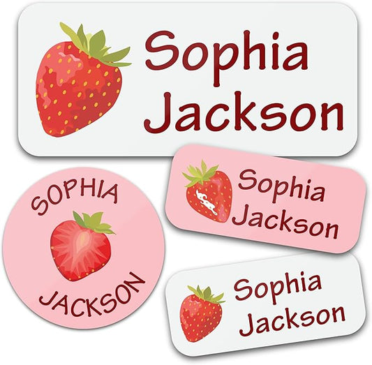 Bunny Badges Personalized Daycare Name Labels for Kids (130 Labels) - Custom Waterproof Name Stickers for Clothing Tags, Water Bottles, Lunch Boxes and School Supplies (Strawberry)