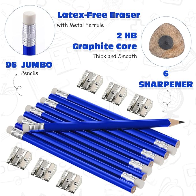 Fainne 102 Pieces Jumbo Pencils Set for Kids Toddlers 96 Thick Fat Large Pencils with Erasers 6 Sharpeners Bulk for Preschool Kindergarten Elementary School Classroom(Blue,Triangle)