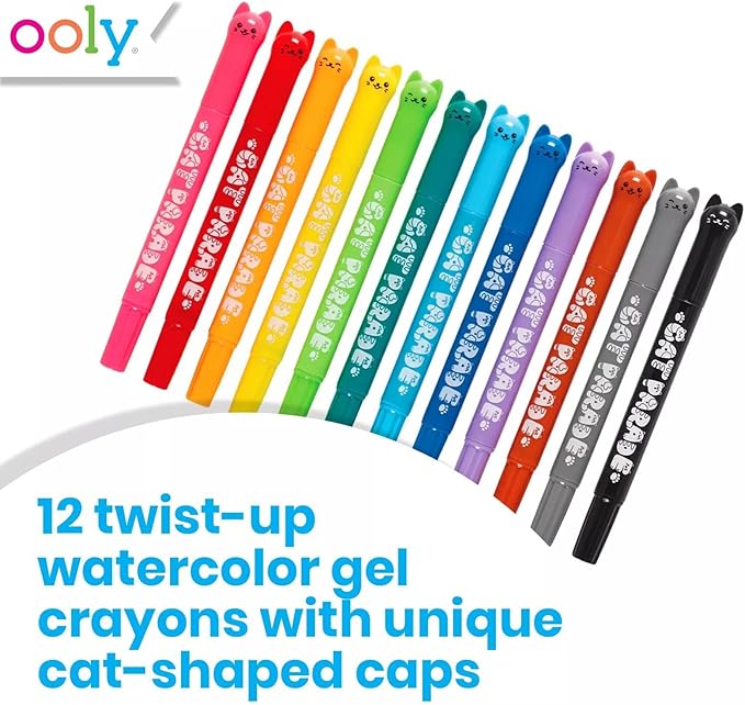Ooly Cat Parade Gel Crayons for Kids and Adults - Set of 12 Rainbow Color Crayons for Glass and Paper Surfaces with Cat-Shaped, Twist-Up Caps - Smooth Gliding Gel Crayon Set
