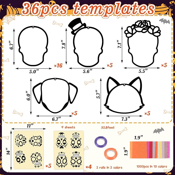 Renbuzhu 36PCS Dia De Los Muertos Crafts Bulk: Sugar Skull Paper Suncatchers DIY Kit for Day of The Dead Halloween Party Activities Decorations, Window Stained Glass Effect Art Supplies