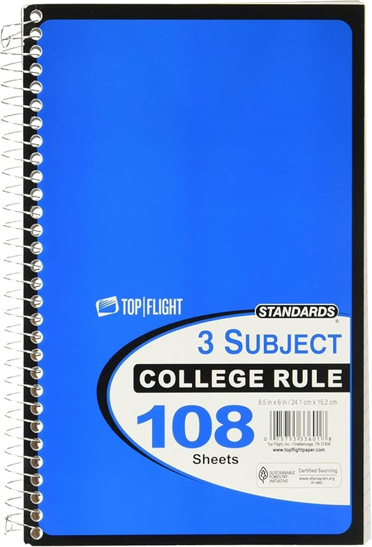 Top Flight Standards 3-Subject Wirebound Notebook, 108 Sheets, College Rule, 9.5 x 6 Inches, Assorted Colors (Pack of 6)