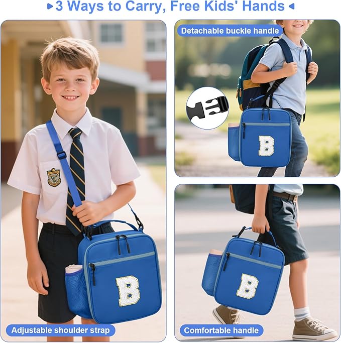 Initial Insulated Lunch Bag for Boys Kids, Back to School Gift, Reusable Leak-proof Lunch Box with Adjustable Strap for School Daycare Travel Picnic（Blue，B）