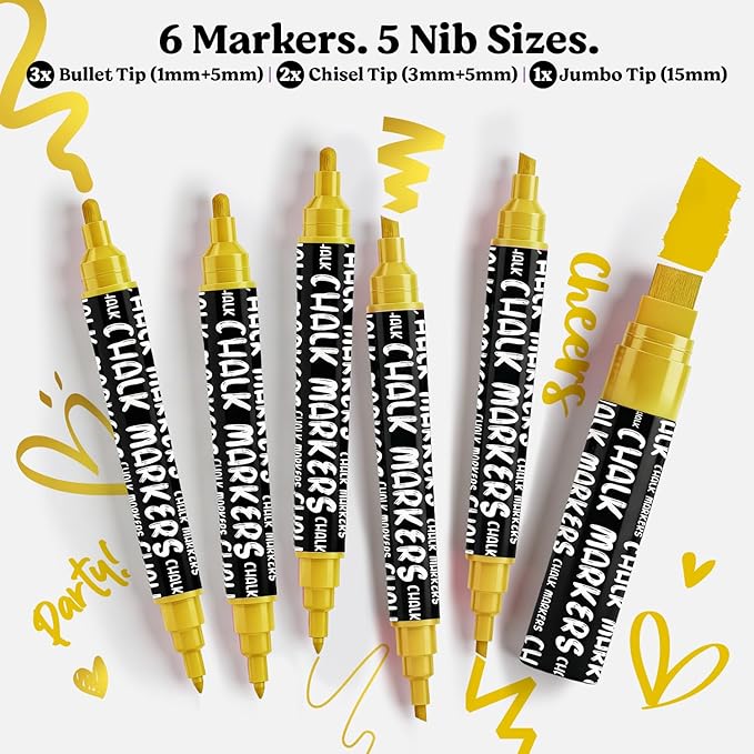 Chalkola 6 Gold Chalk Markers - Dual tip, Fine & Jumbo Tip (1mm, 3mm, 5mm, 15mm) | Erasable Liquid Chalk Pens for Blackboard, Chalkboard Signs, Car Window, Bistro, Glass | Washable Chalkboard Markers