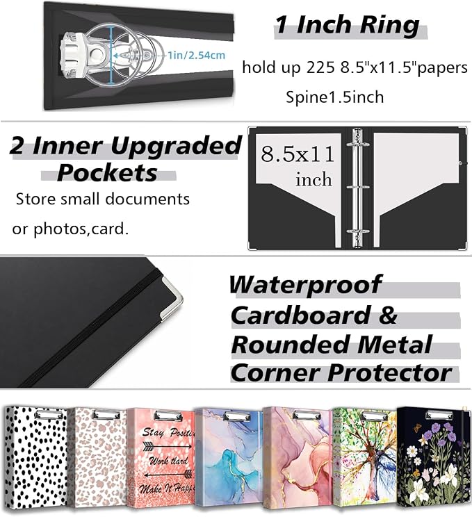 3 Ring Binder Organizer, 1 Inch Three Ring Binders with Clipboard, 5-Tabs Pockets Dividers, Transparent Plastic Folder, Pen Loop, 18 Divider Stikers, BVSSX Decorative Binder,Black, Letter Size